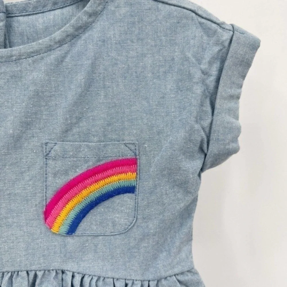 Gymboree Rainbow Pocket Chambray Denim Dress Button Back EUC